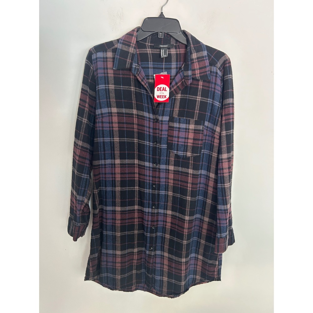 NWT Forever 21 Womens Plaid Flannel Longline Shirt Navy Burgundy Black Sz Medium